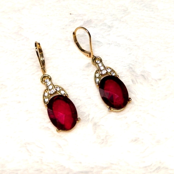 Vintage Goldtone,Red and Clear Rhinestone Pierced Earrings - Picture 1 of 7